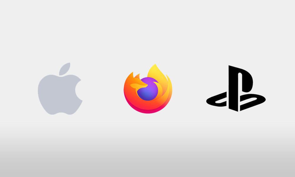 Logo de marcas, Apple, Mozilla Firefox y PlayStation.